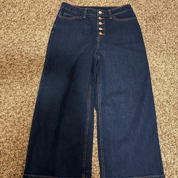 Time and Tru Wide Leg Jeans 10 Dark Blue Denim Button Fly Pockets Belt Loops - Picture 1 of 3